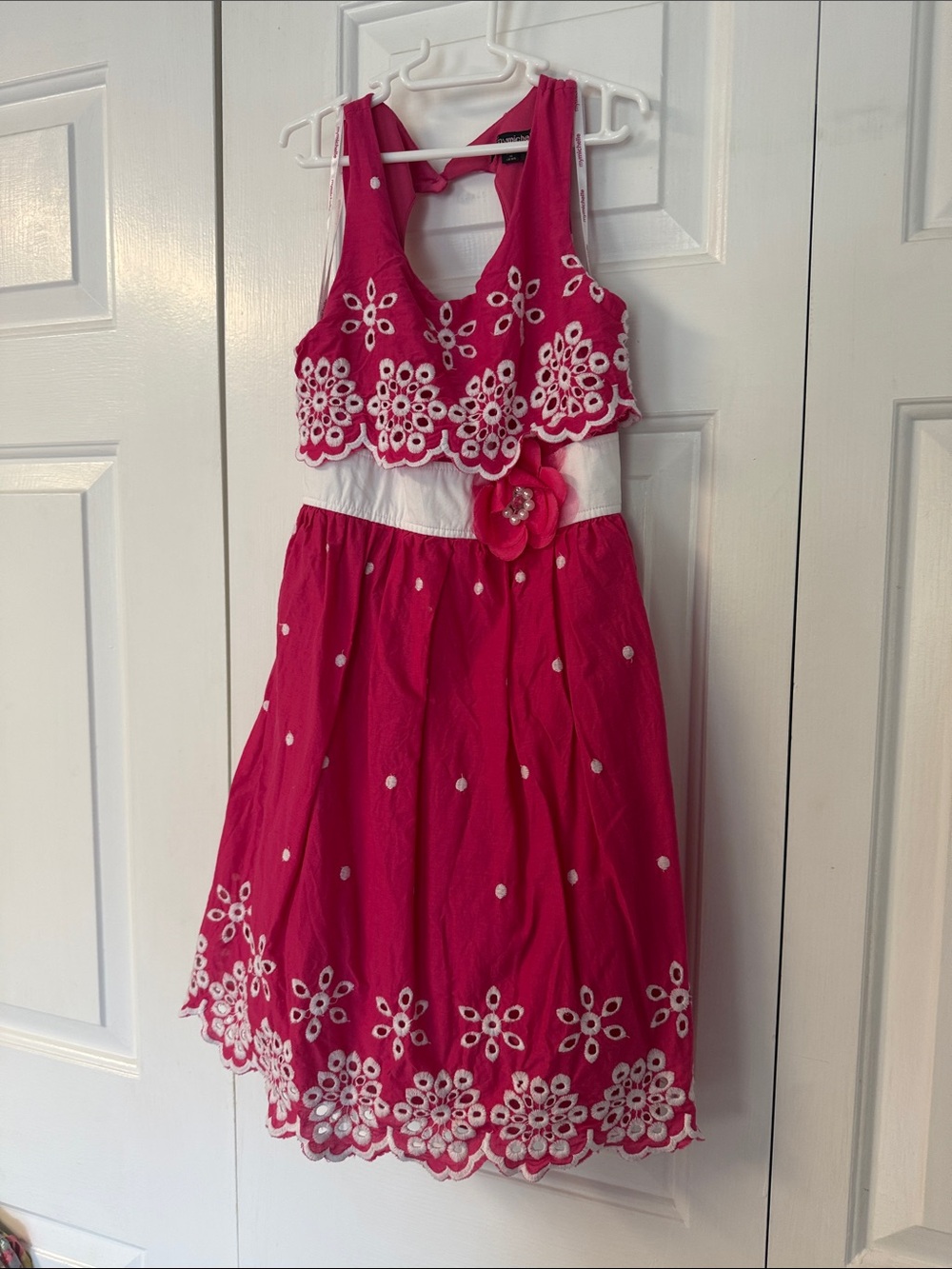 My Michelle Hot Pink Floral Eyelet Dress with White Waistband